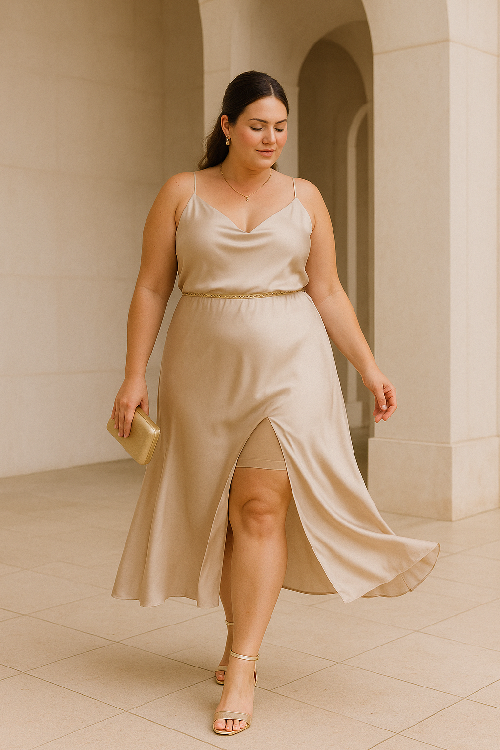Femme élégante en robe satin fendue dévoilant un shorty anti-frottement beige Maison Mova, conçu pour le confort et l’invisibilité sous les robes de cérémonie.